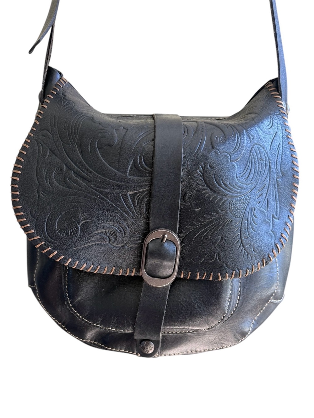 Patricia Nash Black Embossed Leather Tooled Crossbody Bag